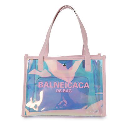 China Eco-friendly Recycled PVC Holographic Shopping Ladies Waterproof Transparent Women Holographic Tote Bag With Handle for sale