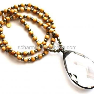 China N00428 Vintage Wood and Pyrite Beads Necklace with Crystal Quartz Oxidized Pendant Stone Charm Necklace for sale