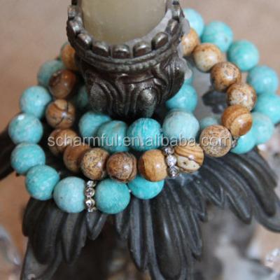 China ST0027 Vintage Picture Jasper Rhinestone Stone Beads Bangle Boho Chic Elastic Bracelet for sale