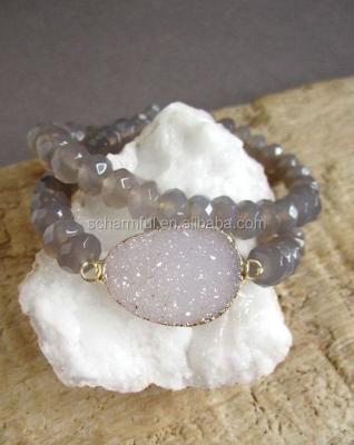 China BOHEMIA ST0042 Bohemia Gray Agate Druzy Stacked Bracelet Beaded Bracelet with Druzy Stretch Pendant Bracelet for sale