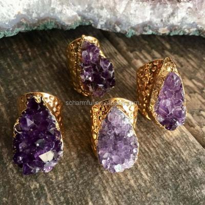 China R20203 BOHEMIA Gold Plated Stone Bohemia Amethyst Statement Cuff Group Ring for sale