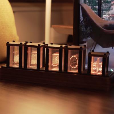 China Antique Style Multi-Function Walnut Bedside Clock Light Walnut Style RGB Adjustable Brightness for sale