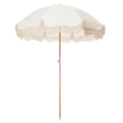 China Custom Print Beach Umbrella 200cm Real Wooden Pole Beach Umbrella With Tassels for sale