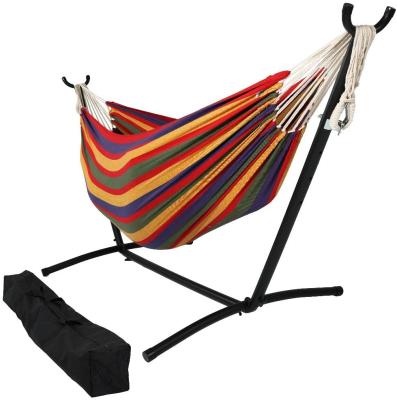 China Contemporary Traditional Outdoor Leisure Cotton Canvas Hammock Swing Chair With Stainless Steel Iron Pipe Stand for sale