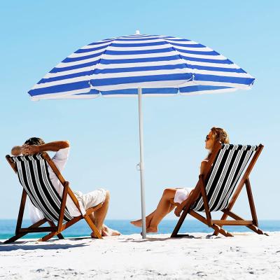 China Low Price Beach Umbrella Seaside Commercial Portable Outdoor Wind Resistant Plastic Tilt Umbrella Blue Stripe With Carry Bag for sale