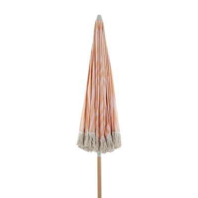 China Modern Custom Portable 8 Feet, Vintage Wooden Yellow Canvas Poles Fringe Tassels Sun Parasols Outdoor Beach Umbrellas for sale