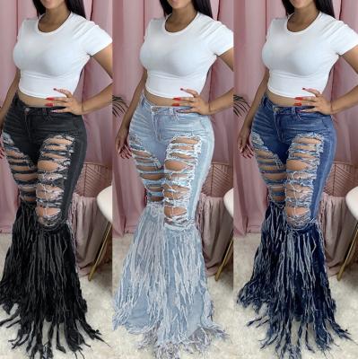 China 2020 New Style Design Ladies QUICK DRY Tassel Ripped Jean Fashion Summer Women Flare XXL Jeans Pants for sale