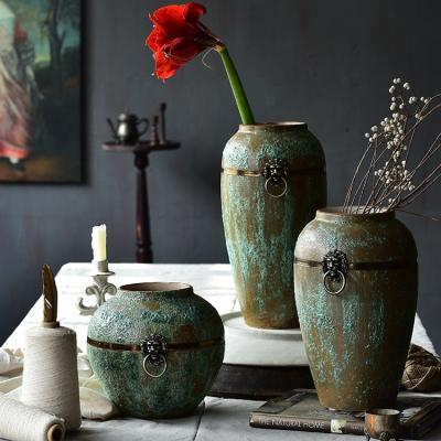 China Bixuan Pastoral Vases Green Retro Distressed Ceramic Vase Ring Decor Art Porcelain Unique Brass Jar Vases Table Centerpieces Set of 3 for sale