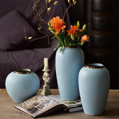 China Bixuan Vases Retro Blue Bubbles Retro Distressed Ceramic Pot Vase Gold Decor Unique Art Porcelain Vases Table Centerpieces Set Of 3 for sale