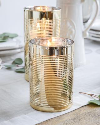 China Bixuan Handmade Glass Hurricane Candle Holders with Decor Unique Gold Striped Cylinder Wedding Vases Dining Table Centerpieces, 5.9