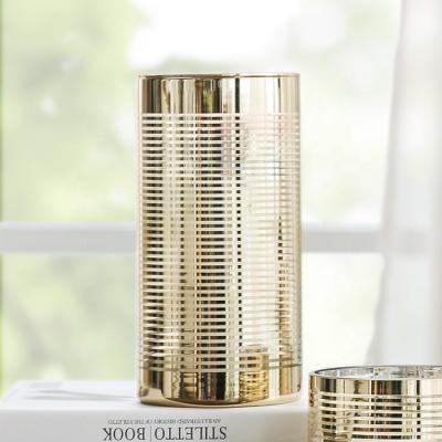 China Bixuan Hurricane Handmade Glass Candle Holders with Decor Unique Gold Striped Cylinder Wedding Vases Dining Table Centerpieces, 7.9