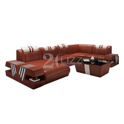 China (Other) Adjustable Modular Functional Living Room Sofa Set LED Couch Brown Leather Sectional Sofa for sale