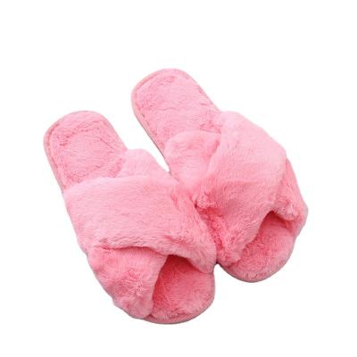 China Winter Home Slippers Sweat-absorbent Shoes Furry Female Open Toe Slides Women Warm Faux Fur Cross Soft Plush Ladies Slippers for sale