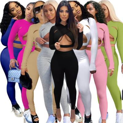 China Anti-pilling Women Pants 2 Piece Set Outfits Slim Solid Color Sexy Cross Cut Sports Long Sleeve Crop Top Gaiters Pants Jogger Sets RS01194 for sale