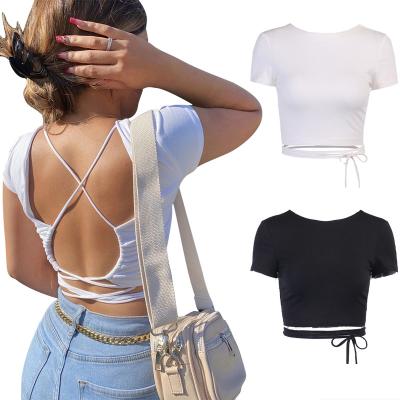 China Anti-Wrinkle Tops Women Sexy Cross Halter Backless Long Crop Tops T-shirt Summer Casual Cotton Streetwear Shirts White Tees 01124 for sale