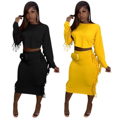 China Anti-Static Women Clothes New Arrivals Pencil Skirt Solid Mid Length Fringe Set Two Piece Set Clothing For Women 2 Piece Outfits Set 01066 for sale