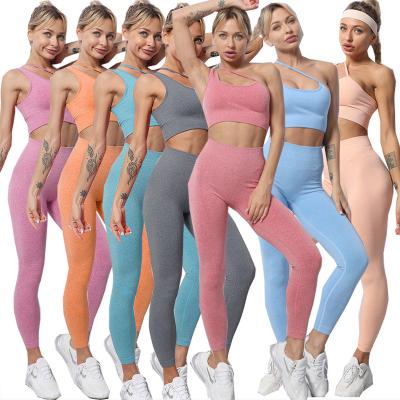 China Breathable Sports Fitness Women Yoga Set Seamless 2 Piece Bra Workout Gym Sets High Waist Running Yoga Sets Shoulder Leggings One Size RS00933 for sale