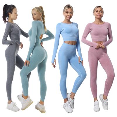 China High Quality Seamless Breathable Yoga Set Workout Women Yoga Set Fitness Ladies Sport Gym Wear Suit 2 Pcs Sleeve Long Crop Top Leggings 934 for sale