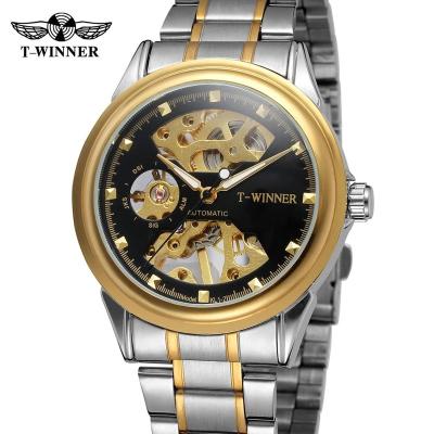 China 2020 Factory T-WINNER Stainless Steel Cheap Skeleton Hand Band Mechanical Winder Men's Power Reserve China saat watches for sale