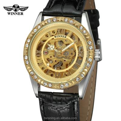 China Power Reserve 2020 new arrived! Wholesale Hand Watch For Fashion Girl Gold Automatic Skeleton With Clear Stone Watches for sale