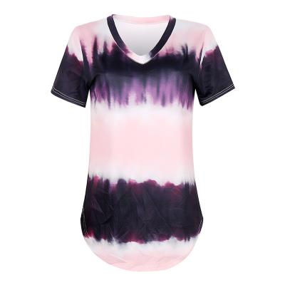 China New hot style wholesale anti-shrink and American European anti-shrink blouse tie dye printed V-neck short sleeve T-shirt women for sale