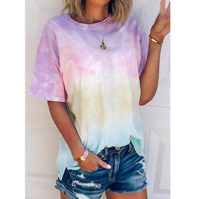 China Wholesale Summer European Women's Collar Tie Anti-Shrink Loose Tie Dye New And American Full Printed T-shirt Causal Blouse For Women for sale