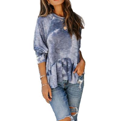 China Wholesale Hot Style American Women's Autumn Hot Style Anti Wrinkle Tie Dye Printed Irregular Long Sleeve Flare Casual Top T-Shirt for sale