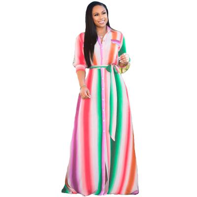 China Wholesale Hot Anti-Wrinkle Style Plus Size Digital Colorful Printed Striped Oversized Women's Blouse Dresses Long Sleeve V-Neckline for sale