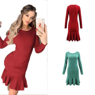 China Amazon Ebay Wish Autumn/Winter Anti-Static Warm Style A Ruffle Solid Color Fashion New Ladies Dress for sale