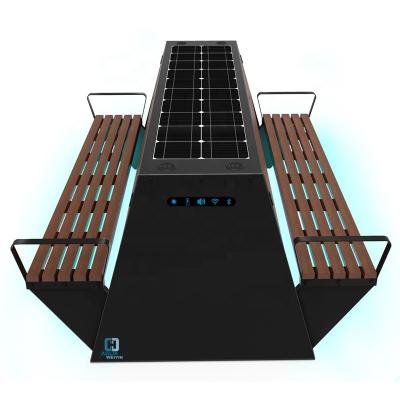 China Newest high quality stainless steel+WPC wood design WPC laying USB charging outdoor smart solar furniture for sale