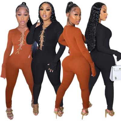 China Black Winter Viable Overalls Bandage Rompers Long Sleeve High Waist Solid Color One Piece Jumpsuits Pant Suits for sale