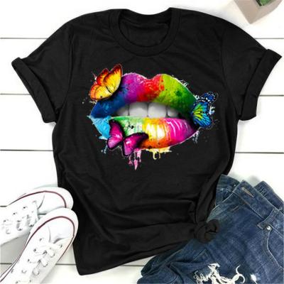 China Anti-Wrinkle Printed Short Lips Butterfly T-shirts Women Customized Logo Summer T-shirt Sleeve Tees Cute Clothing for sale