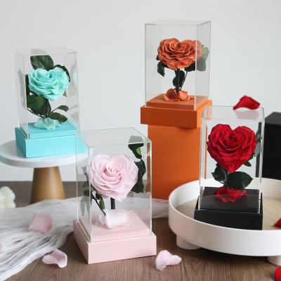 China Events Decoration Natural Flower AA Hot Selling Grade Rose In Preserved Square Acrylic Box Rose With Acrylic Box For Valentines Day Gift for sale