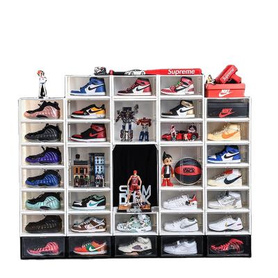 China Multi-Layer Home Storage Space Saving Stackable Drop Front Clear Shoe Box Stackable Shoe Organizer Plastic Shoe Container Display Box for sale