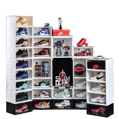 China Hot Selling Custom Box Multilayer Space Saving Stackable Amazon Logo Drop Front Clear Shoe Easy To Assemble Clear Plastic Storage Shoe Box for sale