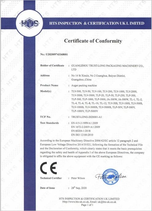 CE - Guangzhou Trust-Long Packaging Machinery Co., Ltd.