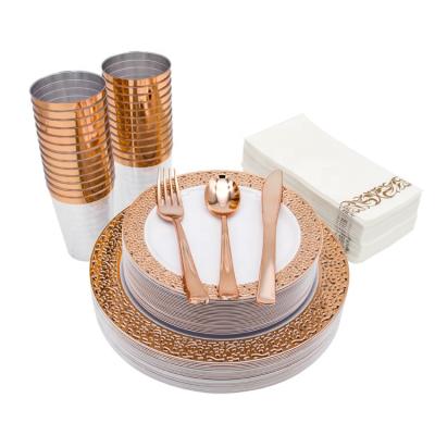 China Dispoable 175 Pieces Rose Gold Lace Wedding Dinnerware Set and Party Tableware 25 Guest Plastic Dinner Dishes for sale