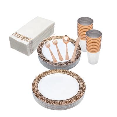 China Dispoable 160Pcs Rose Gold Lace Dinnerware Set Plastic Fancy Disposable Tableware Set for 20 Guests for sale