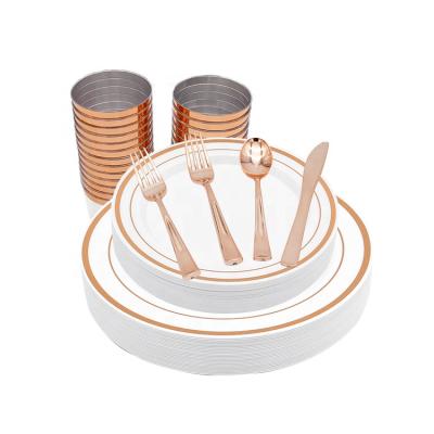 China Dispoable Rose Gold Rim Plastic Disposable Dinnerware Sets Dinnerware Set For 175Pcs With High Quality for sale