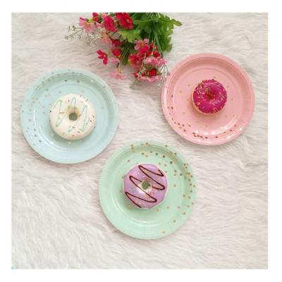 China Disposable Biodegradable Custom Printed Paper Plate Blue Green Pink Gold Foil Disposable Paper Plate for sale