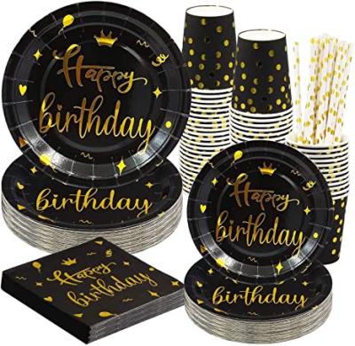 China Happy Birthday Minimalist Party Supplies Disposable Black Paper Plates Fork Spoon Napkins Tableware for sale