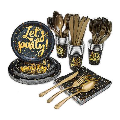 China Modern Let's Party Black And Gold Party Supplies Disposable Tableware Set For Birthday Graduation Party for sale