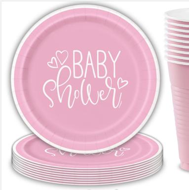 China Mid Century Modern Baby Shower Party Supplies for 32 Guests Paper Plates and Napkins Sets Light Pink Design Party Supplies for sale