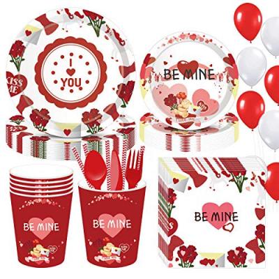 China Traditional Valentines Day Party Supplies Disposable Party Tableware Set Red Love You Plates Be Mine Design Paper Party Supplies for sale