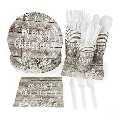 China Merry Christmas Modern Wood Plank Tableware Set Paper Plates Cutlery Plastic Cups And Napkins for sale