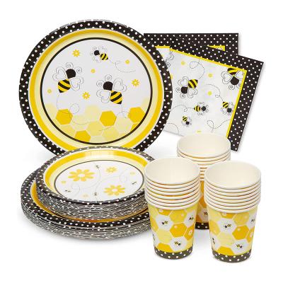 China Modern Disposable Bee Party Tableware Set Paper Plates Paper Napkins Party Cups For Bee Birthday for sale