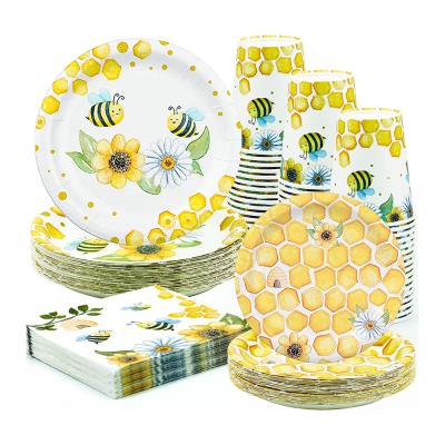 China Modern Bee Tableware Party Decorations Bumble Bee Themed Party Supplies Plates Cups Napkins For Baby Shower for sale