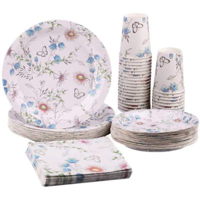 China Modern Floral Party Supplies Disposable Blue Butterfly Paper Plate And Napkins Set For Mother's Birthday Tea Party for sale