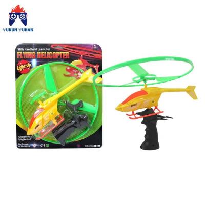 China Childrens  Toys Funny Plastic Pull Line Rotating LED Flying Saucer Toy Transparent Flash Pull String Helicopter for sale