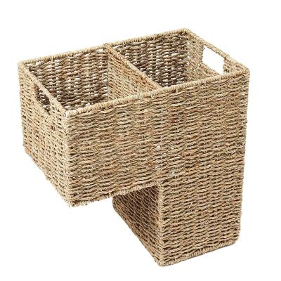 China 2022 New Design L-Shape Storage Stairs Sustainable Natural Rattan Woven Laundry L-Shape Stair Basket With Handle for sale